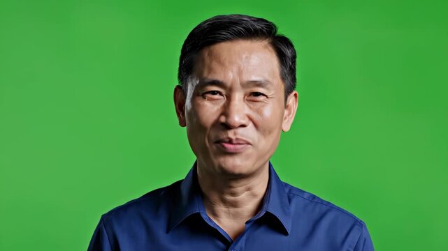 Smiling Asian man with short black hair and blue shirt against green background