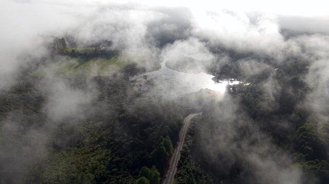Aerial misty morning over forest road and wetlands Northland New Zealand landscape
