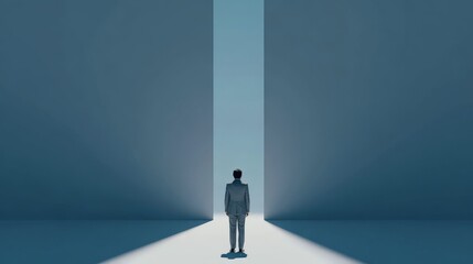 Obraz premium A figure stands in a surreal lighted corridor.