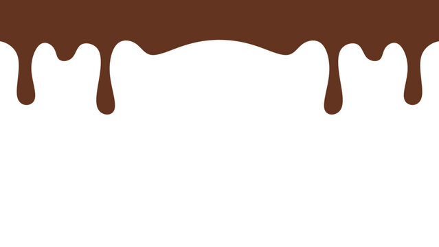 Melted chocolate or syrup drips isolated on a white background. Flowing liquid chocolate border element. A sweet brown syrup or sauce that melts and drips.