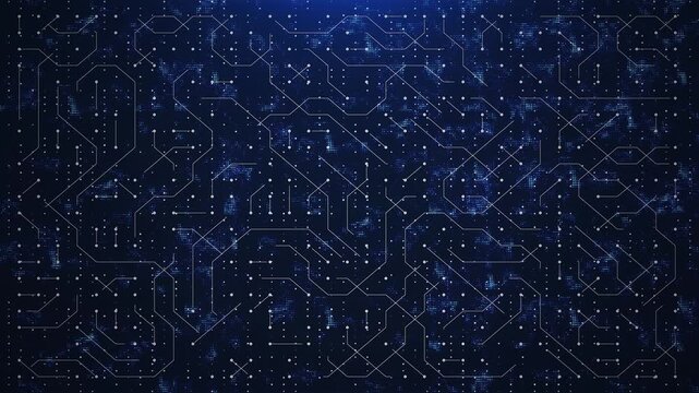 Blue lines on circuit board radiate data, animated. Digital tech background. Data lines flow smoothly. Central computer processor CPU concept. Motherboard digital chip.