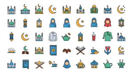 Obraz premium A comprehensive collection of colorful vector icons depicting various traditional islamic symbols.