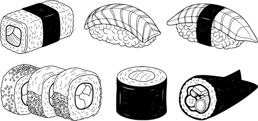 Hand Drawn Sushi Rolls Nigiri and Maki Assortment White Background food japanese © Mushfiqur