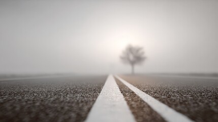 Fototapeta premium Misty road with a solitary tree in the distance.