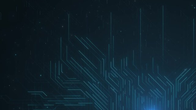 Blue circuit board lines radiate data, animated circuit board. Digital technology background. Data lines flow. Central computer processor CPU concept. Motherboard digital chip.