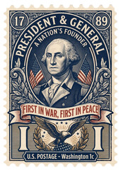 Obraz premium Vintage USA patriotic stamp art with George Washington for America Independence Day and 4th of July celebration featuring President and General portrait and historical Revolutionary War engraving