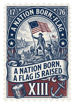 Vintage USA patriotic stamp art with original 13 star flag for America Independence Day and 4th of July celebration featuring flag raising and historical 1776 Revolutionary War engraving style