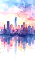 Fototapeta premium Watercolor painting of New York City skyline at sunset with colorful sky