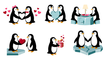 Obraz premium Valentine penguin love set with cute romantic couples, heart gifts, dinner date and icy winter scenes Flat vector illustration