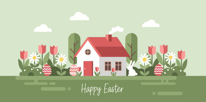 Happy Easter landscape with red roof house, cute bunny, decorated eggs and colorful blooming spring garden flowers