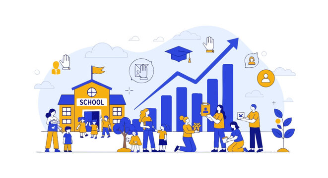 Yellow School Building with Blue Roof.