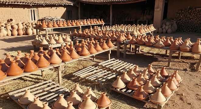 Moroccan tagines on wooden tables in a pottery workshop outdoors