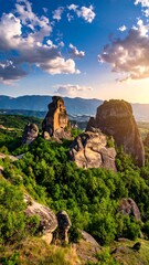 Fototapeta premium Scenic vista featuring unique rock formations under a vibrant sunset sky
