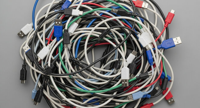 Tangled mess of colorful USB cables and connectors on a gray background