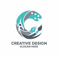 Obraz premium This logo creatively integrates tools of design such as brushes and compasses into the letter 'C', showcasing a blend of artistry and professionalism in graphic design.