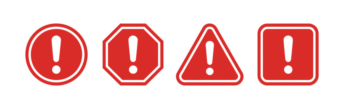 Warning sign set in different shapes, caution warning signs with exclamation mark symbols, system alert icons for apps, UI, websites, and smartphones, scam and hazard indication vector.