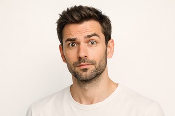 Fototapeta premium Man with surprised expression and raised eyebrows, looking directly at the camera