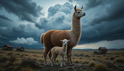 Fototapeta premium A llama and its young are seen in a field. Dark clouds fill the sky with flashes of lightning. Nearby, simple houses are visible in the background as the storm approaches
