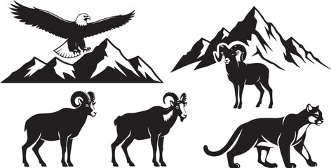 Fototapeta premium Black silhouette of diverse animals including bat horse dog cat bird and rabbit against white background