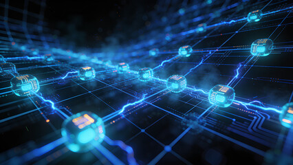 Obraz premium Futuristic blockchain network with electric data transfer and glowing nodes