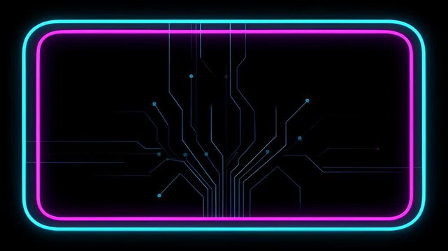 Neon Frame Black Background Circuit Board Futuristic Design Glowing Border Digital Technology Abstract Cyber Space Electric Blue Magenta Light Glowing Rectangle Abstract Pattern Blue Pink Line