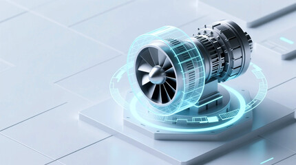 Naklejka premium Digital twin simulation graphic of industrial turbine engine core displaying data for predictive maintenance and engineering optimization in clean high-tech environment