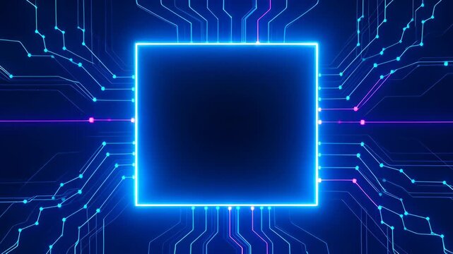 Digital circuit board glowing square frame neon blue technology background with pink lines abstract microchip pattern futuristic computing concept microchip circuit frame neon blue purple glow