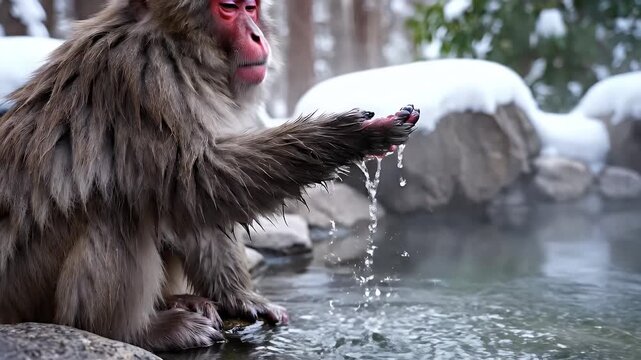 Japanese Macaque Monkey Sits In Hot Spring Water During Winter Snowfall Nature Wildlife Close Up