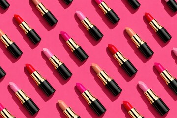 Obraz premium Assortment of colorful lipsticks arranged in a repeating pattern on a pink background