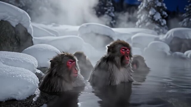 Japanese Macaque Monkeys Soaking in a Steaming Hot Spring Surrounded by Snow Covered Rocks During Winter Evening