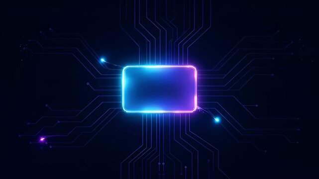 Neon microchip with glowing circuit lines on dark technology background, blue and purple electronic light, digital abstract concept, searchable SEO title