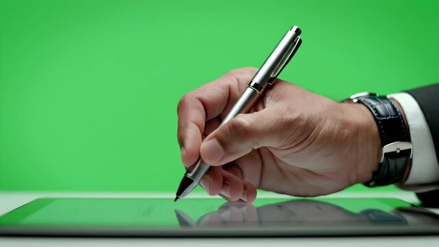 Man in Business Suit Signing Digital Document on Tablet with Stylus Pen Against Green Screen Background