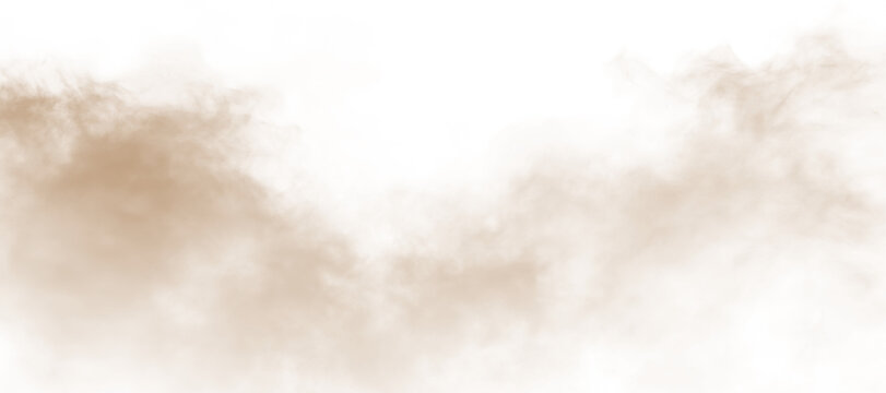 Dust, sand, soil, smoke cloud particles isolated on a clean transparent or white background. Brown sandstorm haze with dust explosion rising upward. Perfect design elements for compositing, overlays,