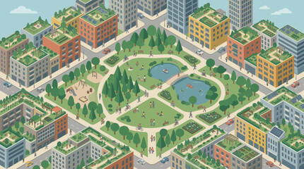 Naklejka premium Isometric Sustainable Green City Illustration with Rooftop Gardens, Solar Panels, and Central Urban Park