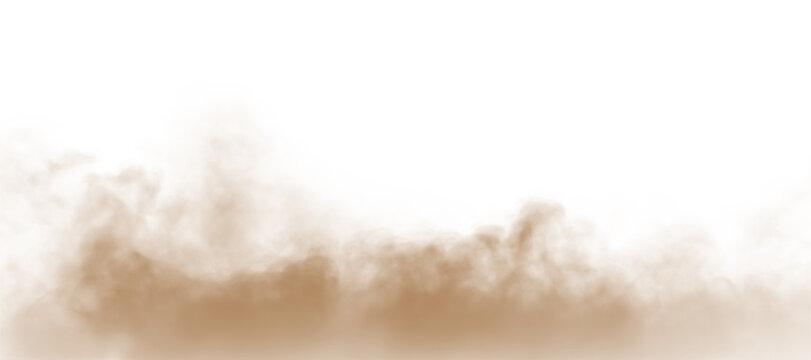 Dust, sand, soil, smoke cloud particles isolated on a clean transparent or white background. Brown sandstorm haze with dust explosion rising upward. Perfect design elements for compositing, overlays,