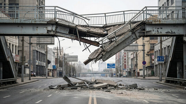 Collapsed pedestrian overpass over empty street in urban environment  