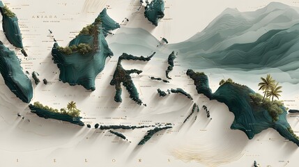 This 3D illustration depicts a stunning tropical island with pristine sandy beaches and majestic green mountains. The island is covered in lush foliage and features several palm trees.