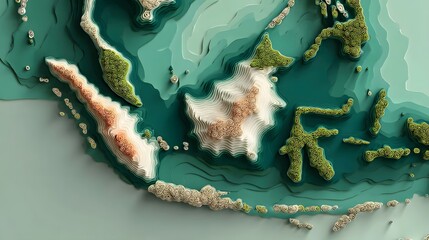 This 3D aerial image showcases a stunning tropical island with vibrant greenery and pristine sandy beaches. The island's lush vegetation and textured terrain are highlighted in this detailed 