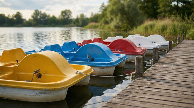 Colorful pedal boats docked along serene lake under blue sky  