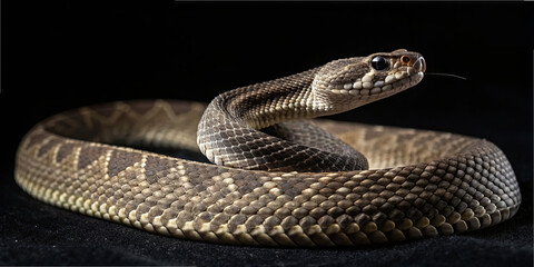 Fototapeta premium A snake is positioned on a black surface, twisting its body and showing its scales. It has a focused gaze and appears alert, with a slight flick of its tongue. The lighting highlights its texture