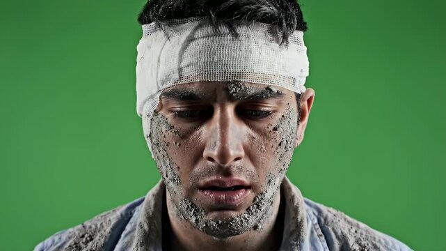 Man with Bandage on Head and Dirty Face in Distress Against Green Screen Background