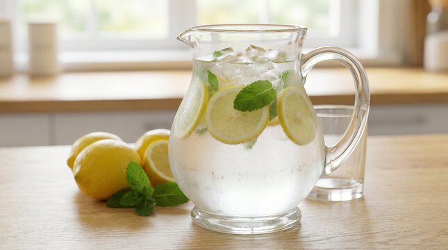 Frosted pitcher of lemon water with mint leaves on kitchen table  