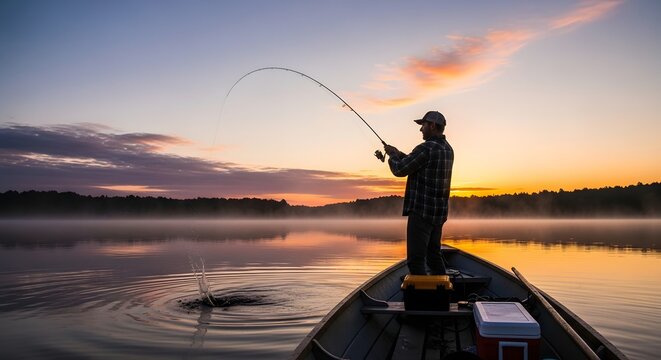 An avid angler casts his line into the calm waters of a pristine lake during a breathtaking sunrise, enjoying a peaceful outdoor adventure