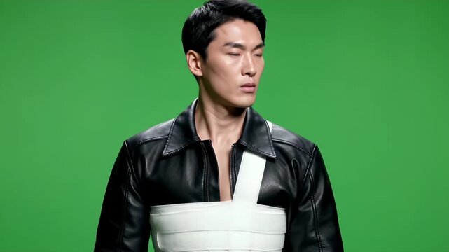 Man with black leather jacket and white bandages on chest isolated on green screen background studio portrait