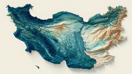 This 3D topographic map of Iran showcases the country's diverse terrain features, including mountains, valleys, and plains. The map provides a detailed representation of Iran's geography,.