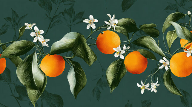 Citrus fruits with white blossoms on green leaves against a dark background