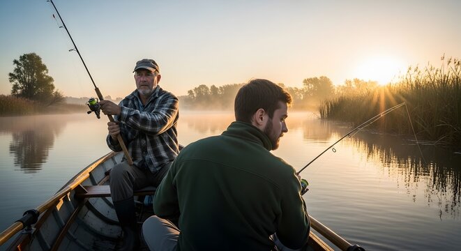 Two fishermen enjoy a serene early morning on a misty river, casting lines amidst the tranquil sunrise beauty