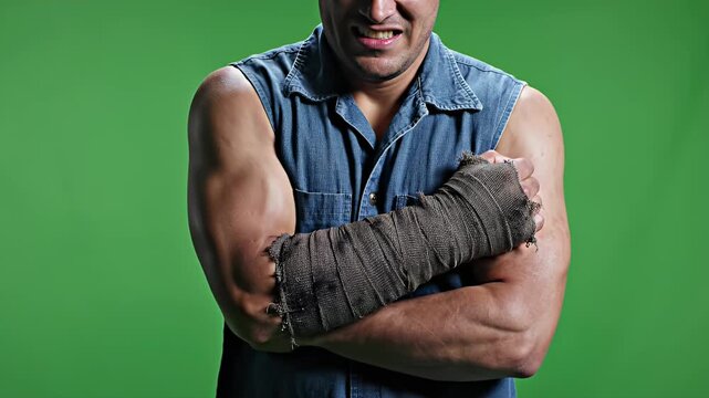 Muscular Man With Injured Arm Wrapped in Rough Bandage Grimacing in Pain Against Green Screen Background