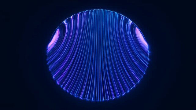 Abstract blue light sphere on dark background with glowing curved lines, neon circle and glowing abstract ring, futuristic digital pattern with purple and blue light streaks