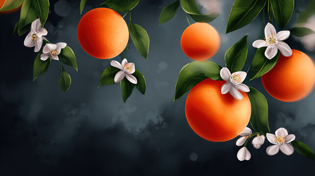 Citrus fruits with blossoms on a dark background